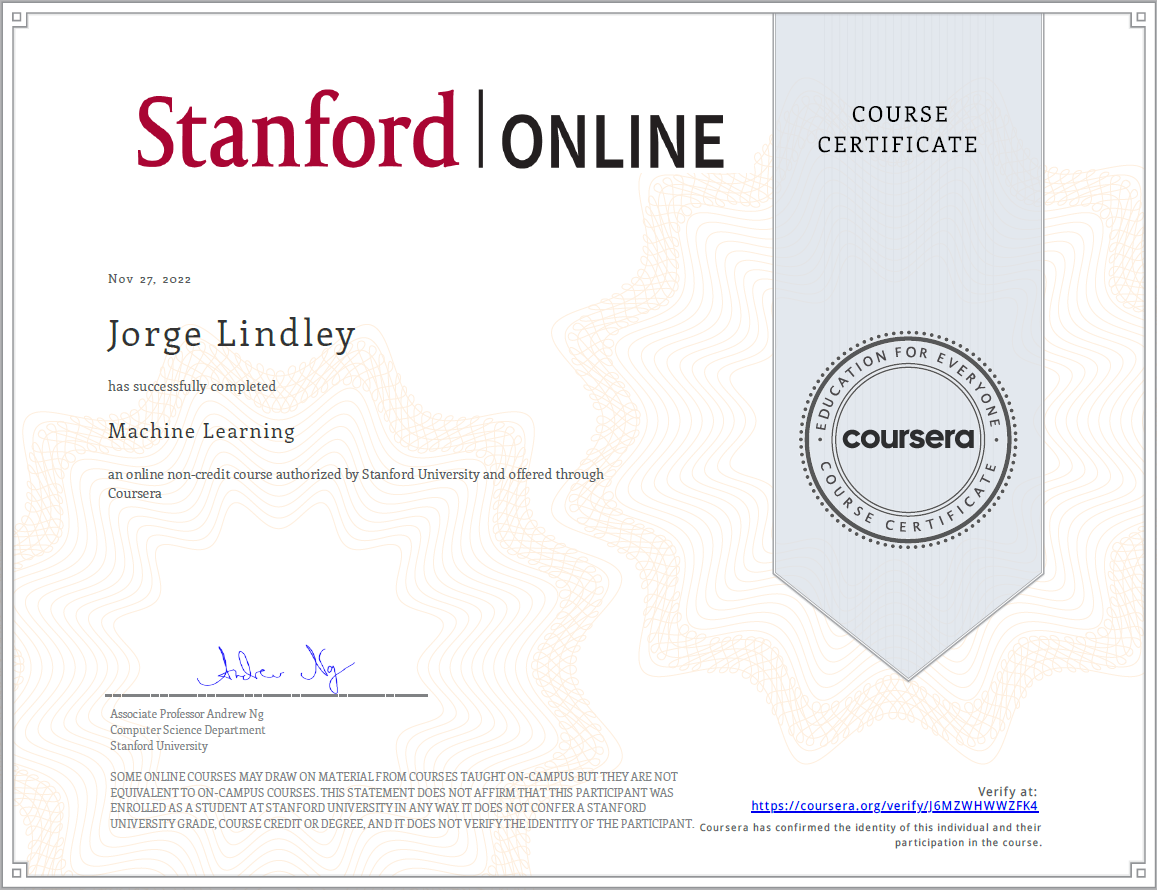 Stanford Machine Learning Certificate